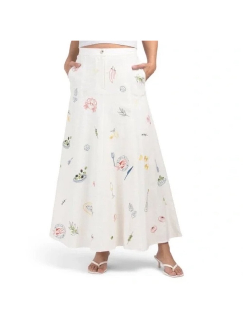 Caroline Constas White Maxi Skirt with Pastel Motifs